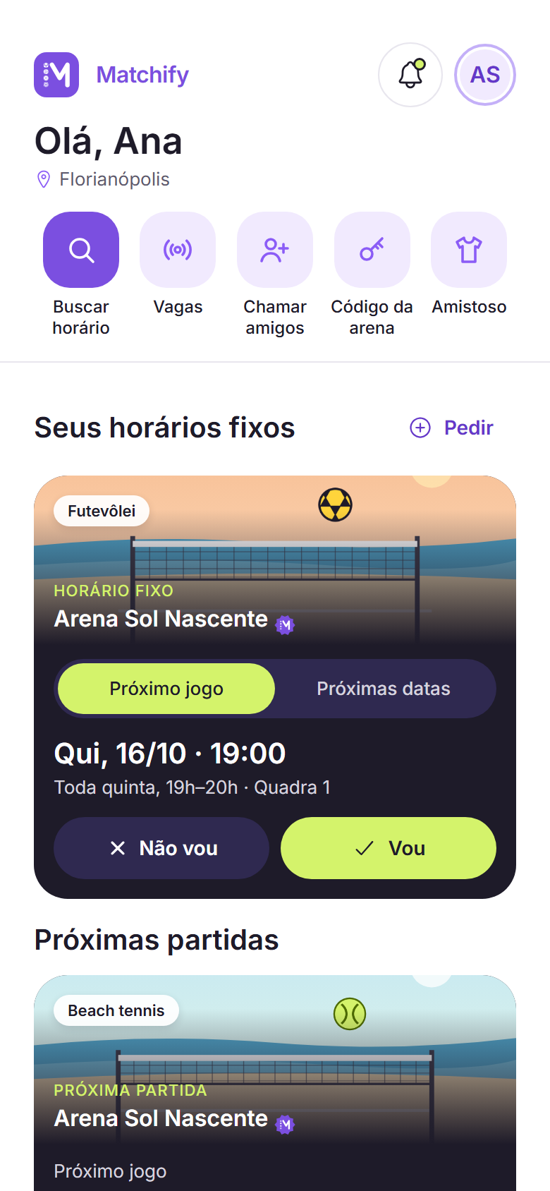 Tela do app no tema claro: o Início do jogador: os atalhos, o horário fixo de futevôlei e a próxima partida