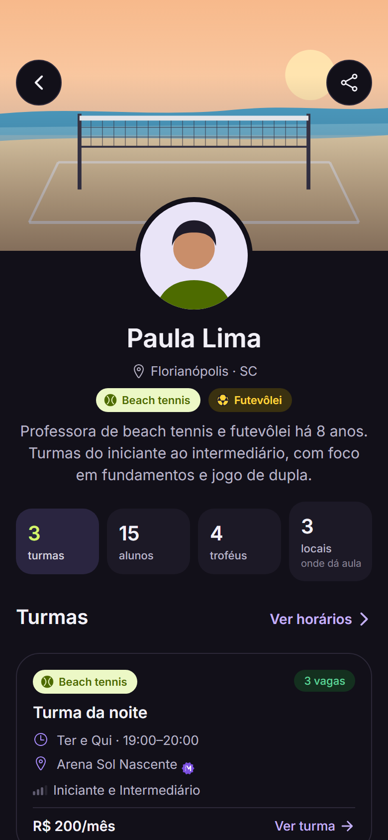 A mesma tela no tema escuro: o perfil público de uma professora: foto, esportes, números e as turmas