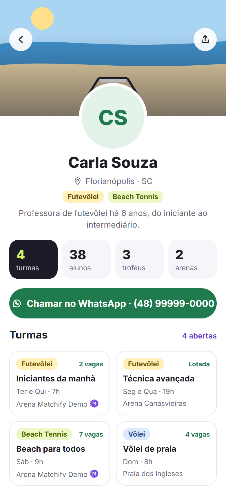 Tela do app com o perfil público de um professor