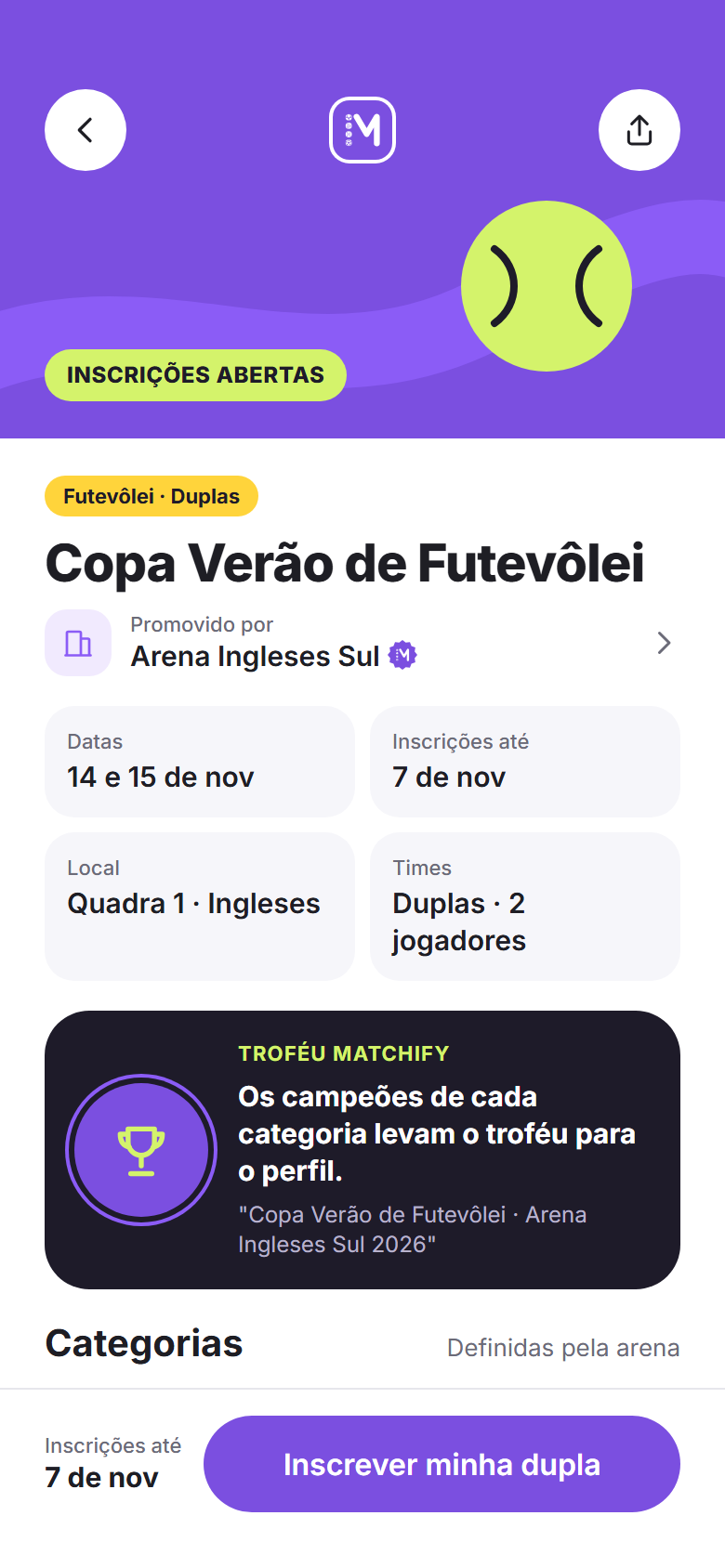 Tela do app com a página do torneio Copa Verão de Futevôlei: inscrições abertas, datas, local, times de duplas e o botão para inscrever a dupla